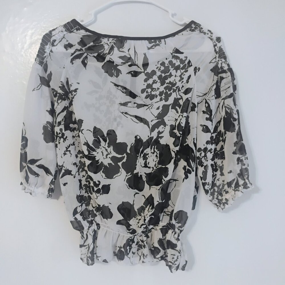 NY Collection Floral Peplum Blouse Black White Boho Top S - Picture 4 of 4